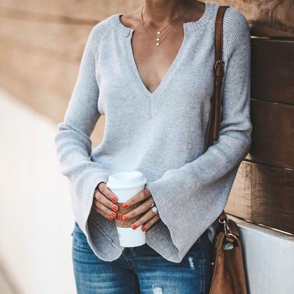 Sweaters - Split V Neck Bell Sleeve Super Soft Sweater Top